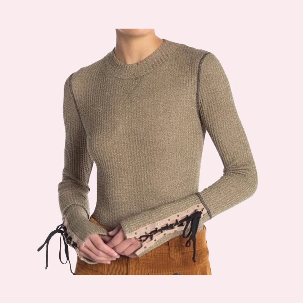Free People Lace-Up-Sleeve Thermal Sweater Size S